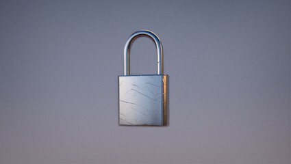 A metal lock is suspended in front of a solid background. The lighting highlights its surface texture and details. The scene is simple and focuses solely on the lock.