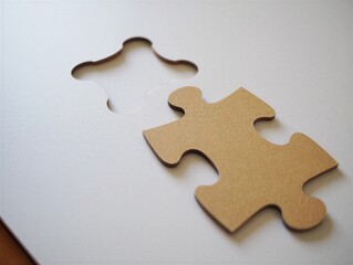 Obraz premium A brown puzzle piece rests beside a gap in a jigsaw puzzle laid out on a table. The light shines on the surface, highlighting the unfinished puzzle.