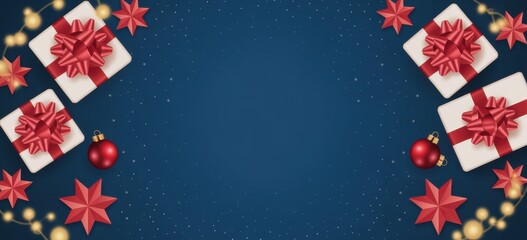 Merry Christmas and Happy Holidays greeting card, frame, banner. New Year. Noel. Red and white Christmas decorations and gifts on blue background top view. Winter xmas holiday celebration theme.