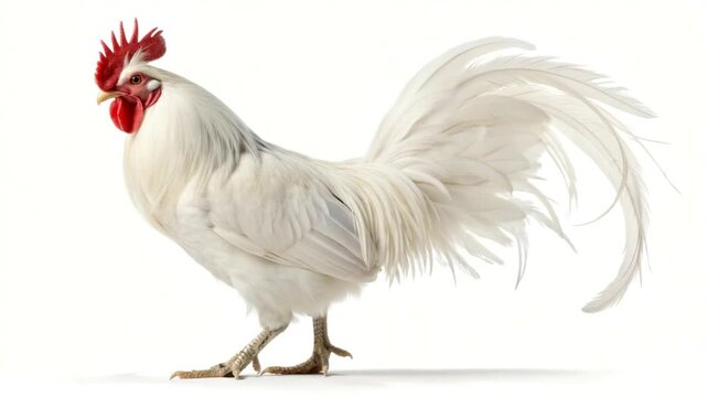 close-up of white rooster with red comb on white background video