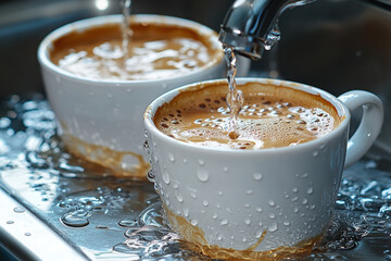 cups of coffee being poured into a sink.