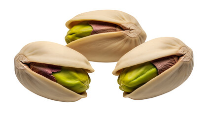 A close-up of three delicious roasted and salted pistachio nuts in their shells, high-resolution food photography, isolated on transparent background