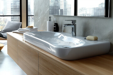 A bathroom sink with a mirror reflecting a window.