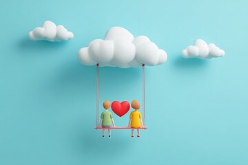 Couple swinging on cloud with heart, celebrating romance