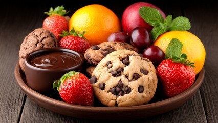Chocolate Chip Cookies and Fresh Fruits Platter with Dipping Chocolate &ndash; Dessert and Snack Arrangement 