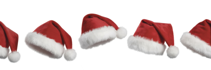 Collage with Santa Claus hats set, closeup objects. Isolated on transparent background. Christmas and New Year celebration 
