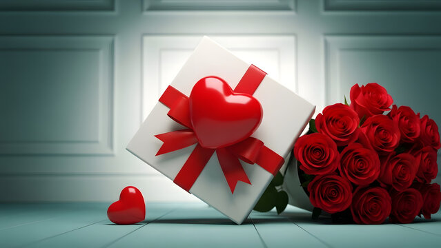 Romantic valentine s day gift box with red ribbon and heart shape beside a bouquet of red roses - Powered by Adobe