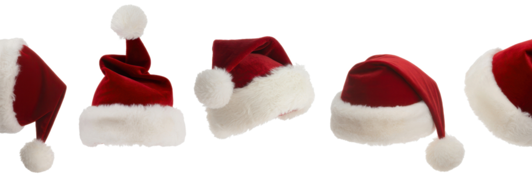Collage with Santa Claus hats set, closeup objects. Isolated on transparent background. Christmas and New Year celebration 
