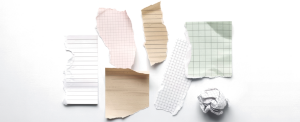 Assorted Torn Note Pages and Crumpled Paper Ball 
