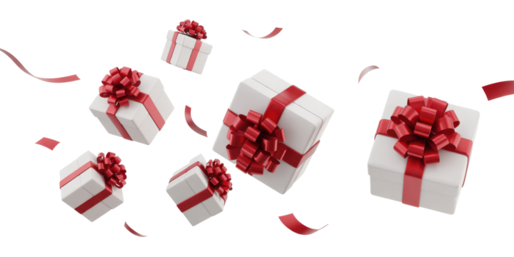 christmas gift boxes with red ribbon and confetti flying isolated on white 
