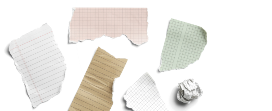 Assorted Torn Note Pages and Crumpled Paper Ball 
