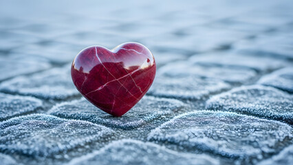 Fototapeta premium A single glossy red heart shaped object rests on a textured surface covered in frost and ice