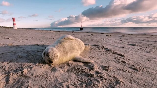 Junge Kegelrobbe liegt entspannt am sonnigen Strand mit Leuchtturm und Meer im Hintergrund, niedlich, Bodenperspektive, Nahaufnahme, Halichoerus grypus