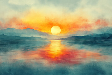 Obraz premium An atmospheric artistic illustration of a sunset over calm water. 