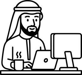 Arab man character at office work sign, symbol, vector, art