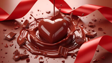 Molten chocolate heart splashing and dripping surrounded by red ribbons and chocolate shards