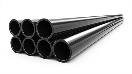 Fototapeta premium Black steel pipes isolated on white background, industrial geometric composition with minimalist structural design aesthetic for engineering and construction concepts.