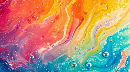 Abstract background of colorful liquid paint mixing. Fluid art with vibrant swirls and bubbles. Modern acrylic marbling texture