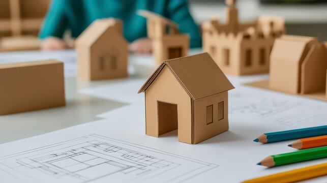 A set of cardboard house models and architectural sketches on a table, showcasing a creative design process.