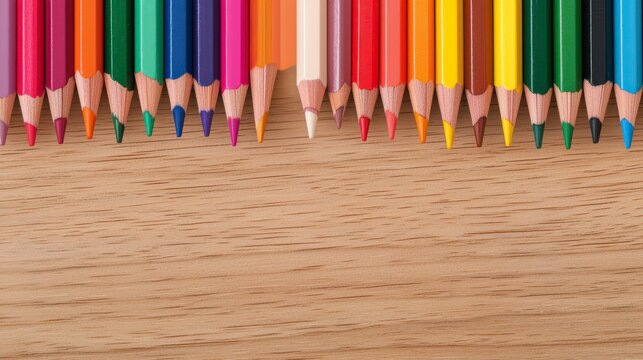 A vibrant array of colored pencils lined up neatly against a wooden surface, showcasing a spectrum of colors for creative projects.