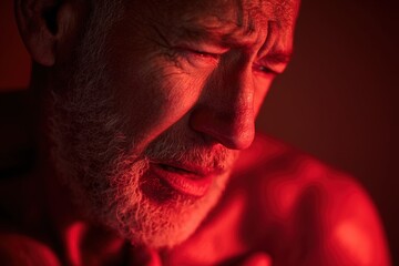 Close-up of Older Man Grimacing in Pain with Red Light on Chest