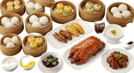 Abundant traditional Chinese dim sum, Peking duck, desserts, and tea spread, artfully arranged on a transparent background. Authentic Chinese culinary richness