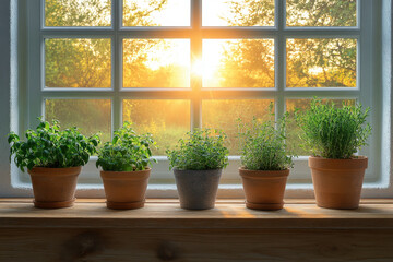 Herbs in pots on a windowsill.