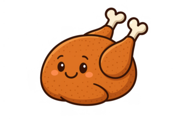 Cute cartoon roast turkey smiling, representing happy thanksgiving and holiday meal celebration with friends and family