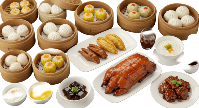 Abundant traditional Chinese dim sum, Peking duck, desserts, and tea spread, artfully arranged on a transparent background. Authentic Chinese culinary richness