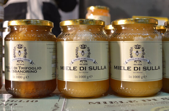 Molise, Italy -11-25-2025- Jars of Sulla honey, flavor is fresh and delicate and purifying and detoxifying effects .