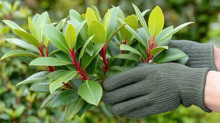 Gardening gloves hang on a branch with new leaves, showcasing the beauty of nature in a calm, outdoor space during springtime