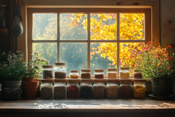 Flowers and jars arranged on a windowsill.