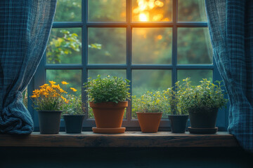 potted plants on a windowsill.
