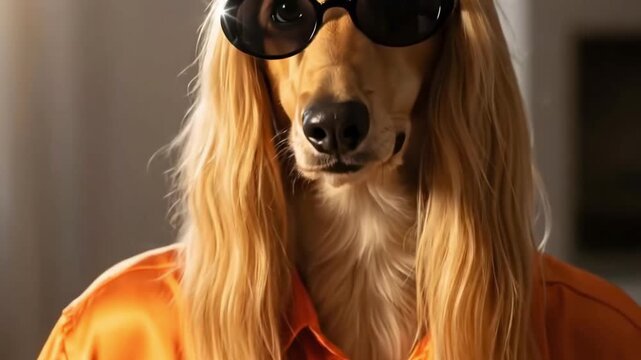 Anthropomorphic Afghan Hound dog with long blonde hair wearing black sunglasses and an orange shirt looking stylish and cool
