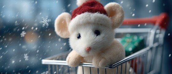 A small animal wearing a Santa hat happily pushes a shopping cart packed with colorful gifts, creating a fluffy cloud effect around it