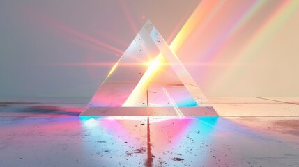 A glass prism refracting a beam of light into a colorful rainbow spectrum. Abstract physics concept of light dispersion and reflection. Modern futuristic background with lens flare