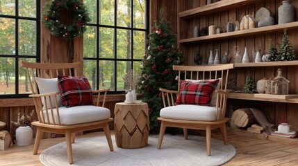 Warm and inviting living space features a plaid sofa and a sparkling Christmas tree, creating a festive atmosphere for gatherings