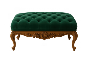 Green velvet tufted ottoman bench with carved wooden legs, classic vintage furniture on transparent background