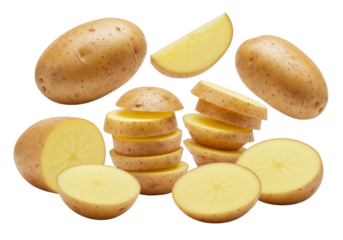 Raw earthy brown whole and pale yellow sliced potatoes levitating in artful stacks on a seamless transparent background with soft shadows, high-end food concept