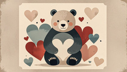 cute valentine&rsquo;s day postcard illustration featuring teddy bears surrounded by hearts in a soft pastel romantic style
