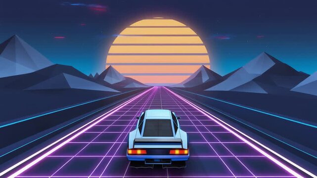 Vibrant retro futuristic arcade driving game background with a classic sports car on a glowing neon grid highway towards a majestic synthwave sunset