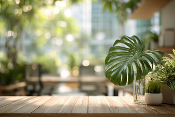 A blurred image of an office with a wooden tabletop and a green plant is perfect for design projects. a sun-drenched open-plan office