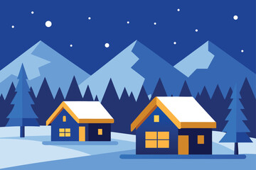 Winter village night scene with houses mountains and snow illustration