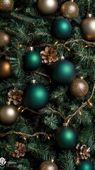 Obraz premium Golden ornaments hang from green branches, creating a warm and festive atmosphere with soft lights in the background