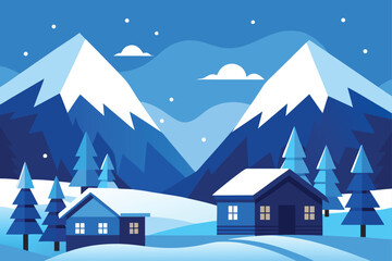 Winter village landscape with houses mountains and snow illustration