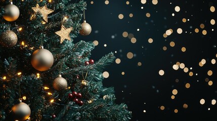 Fototapeta premium Golden ornaments hang from green branches, creating a warm and festive atmosphere with soft lights in the background