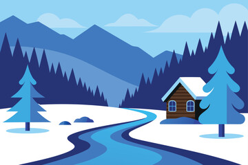 Winter landscape with cabin and river flat vector graphic design illustration