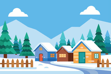 Winter village scene with houses and snow covered trees flat vector graphic