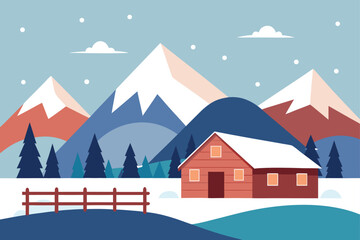 Winter landscape featuring a house, fence, snow, and mountains under a cloudy sky