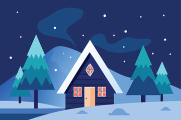 Snowy winter night with a cabin, fir trees, and falling snow under dark sky